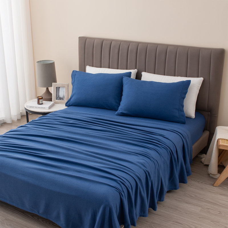 Navy Twin Solid Cotton Polyester Fleece Sheet Set