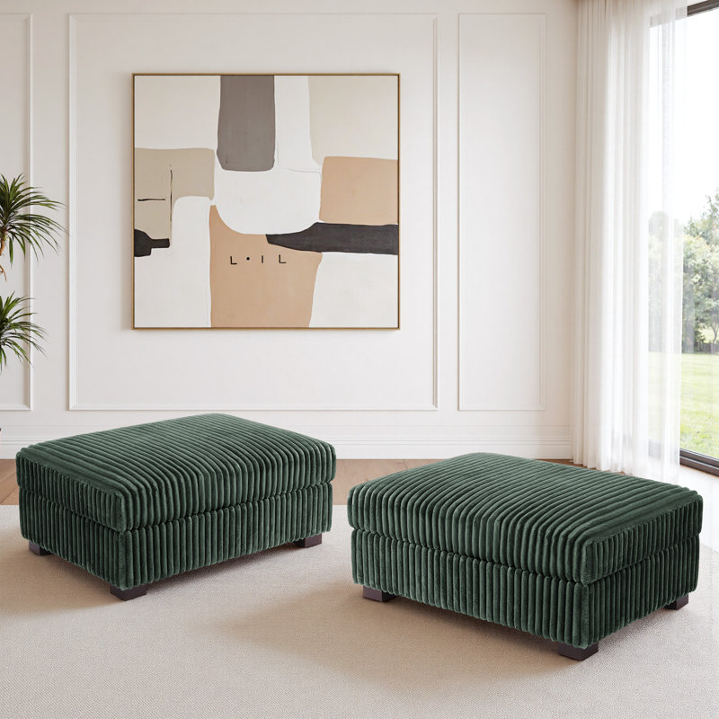 Upholstered Faux Rabbit Fur Flannel Rectangle Ottoman, Modular Part For Sectional Sofa, Green