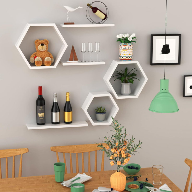 Hexagon Floating Shelves Set Of 6, Geometric Wall Shelves With Honeycomb Design For Modern Rustic Home Decor And Storage Solutions