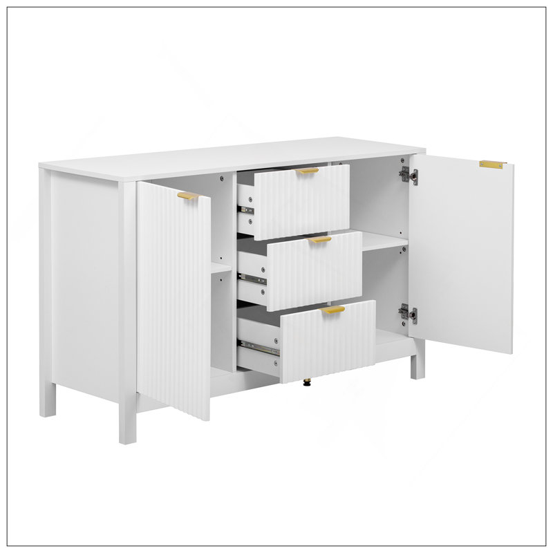 Buffet à motif ondulé - 3 tablettes réglables, 3 tiroirs et portes à fermeture en douceur, console de rangement avec poignées en métal, convient pour le bureau, le couloir et le salon, 3 couleurs