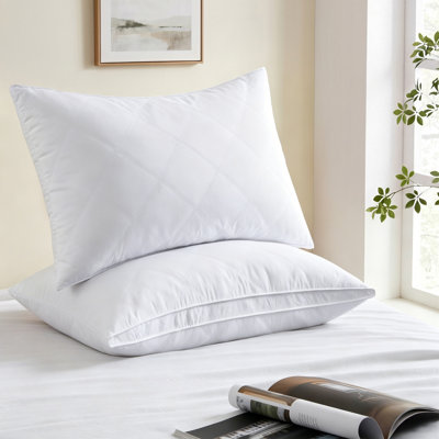 Medium Support Goose Feather Bed Pillows Set of 2, Gusseted Hotel Pillows with Diamond Quilted Design