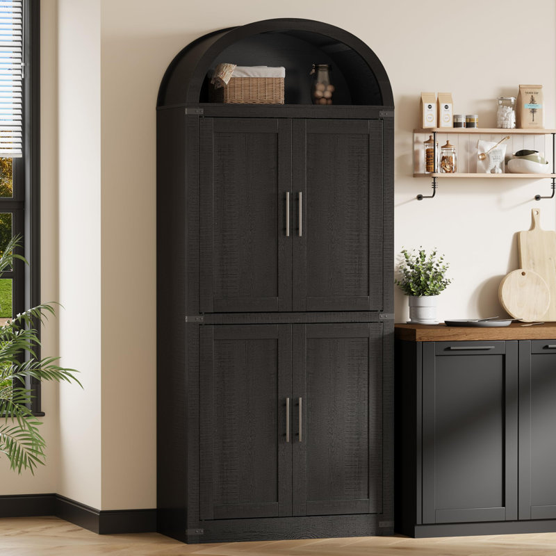 71.6" Arched Farmhouse Bookcase with Doors, 5-Tier Wooden Storage Cabinet for Living Room, Kitchen & Office, Black