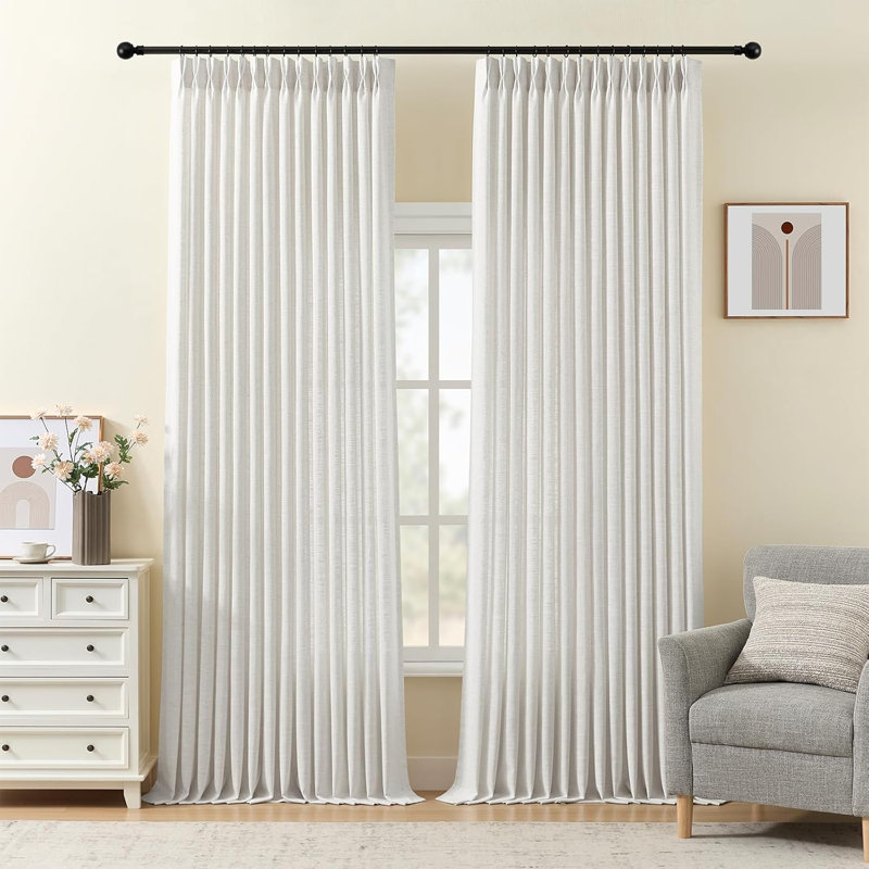 YZ Home Pinch Pleated Linen Curtains 2 Panels Set, Light Filtering Linen Blend Sheer Drapes Memory Trained Pleated Curtain Back Tab with Hooks Rings for Living Room Bedroom