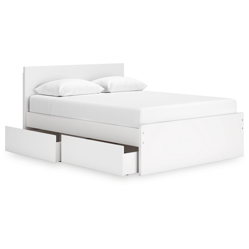 Grand lit plateforme à panneau latéral avec rangement latéral Dunagan, White, Grand lit