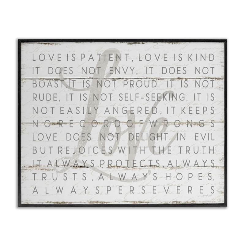 «Love Is Patient Planked Look» par Jennifer Pugh - impression d'art graphique, H 16 po x l 20 po, Giclée encadrée noir minuit