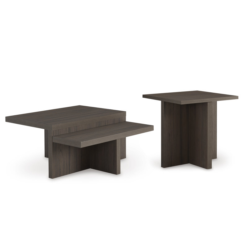Ensemble de table basse et de table d'appoint 2 pièces Zeny, base géométrique, brun foncé