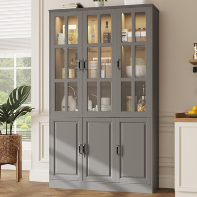 78.7" Tall Pantry Cabinet With Led Lights, Freestanding Kitchen Pantry With Glass Doors, Large Food Storage Cabinet, (47.2" W X 15.7" D)