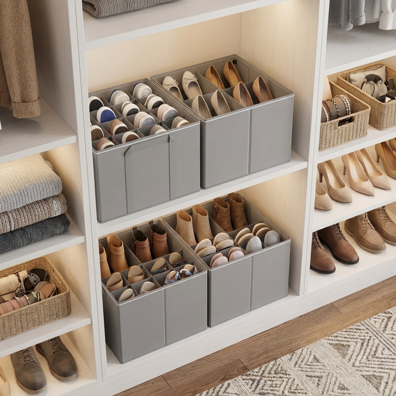 Range-chaussures pour garde-robe - paquet de 2 bacs de rangement pliables pour chaussures avec séparateurs réglables, pour 16 à 32 paires
