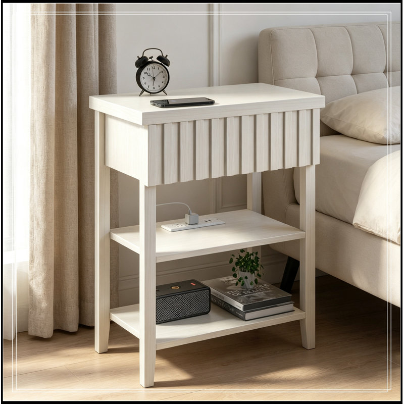 Ballantine avec station de charge, tiroirs et 2 tablettes de rangement ouvertes, White