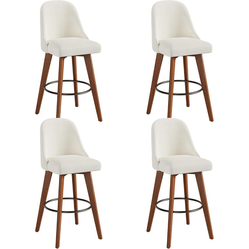 Ensemble de 4 tabourets de bar de 66 cm (26 po) de hauteur comptoir, pivotants à 360°, blancs | Chaises de bar rembourrées en lin avec dossier et pieds en bois, pour îlot de cuisine