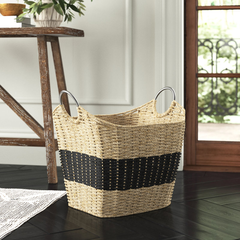 Seagrass Handmade Two Toned Decorative and Functional Storage Basket with Metal Handles