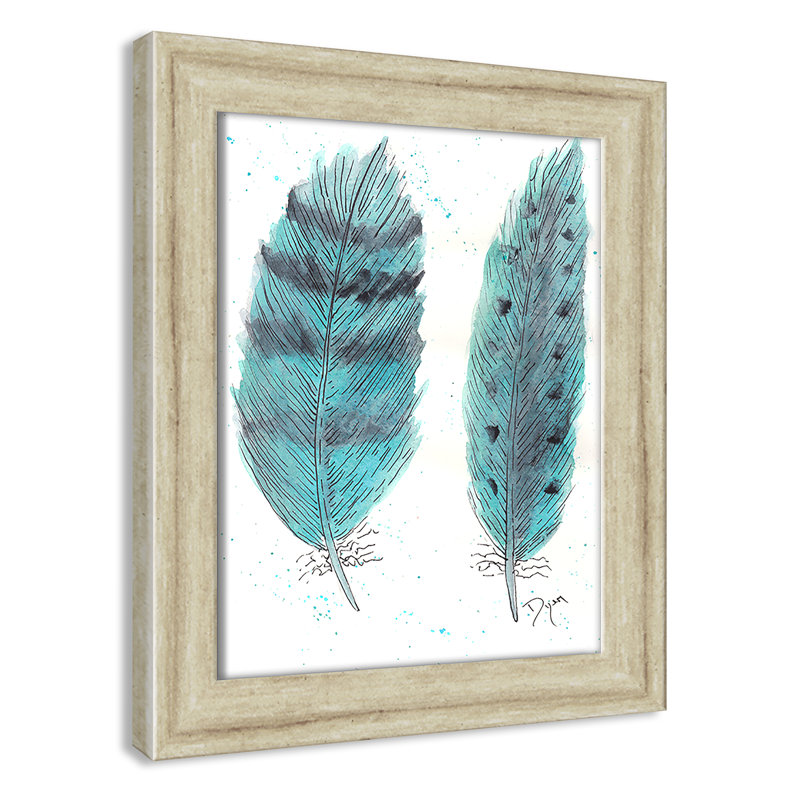 «Feathers in Turquoise II», art encadré, H 12 po x l 10 po x P 0,6 po, Encadrement beige