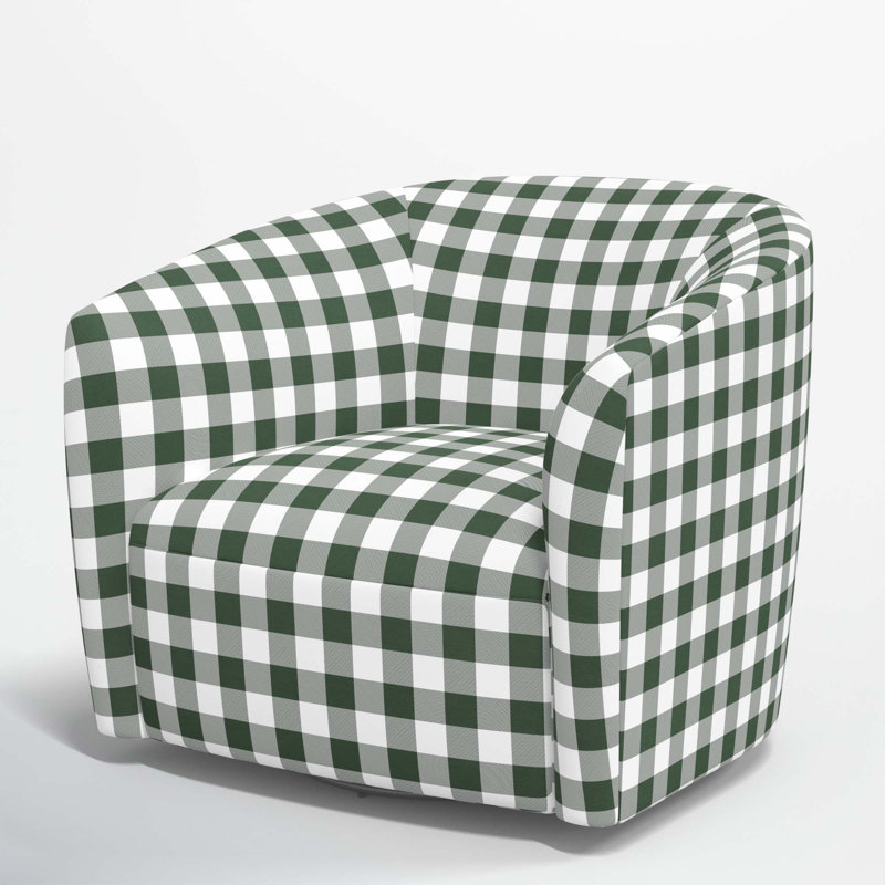 Fauteuil demi-tonneau pivotant rembourré Marita, Vert classique guingan