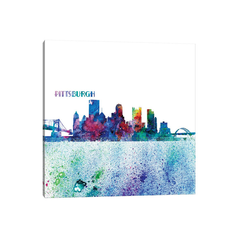 Pittsburgh Pennsylvania Skyline Silhouette Impressionistic Splash by Markus & Martina Bleichner - Wrapped Canvas Painting