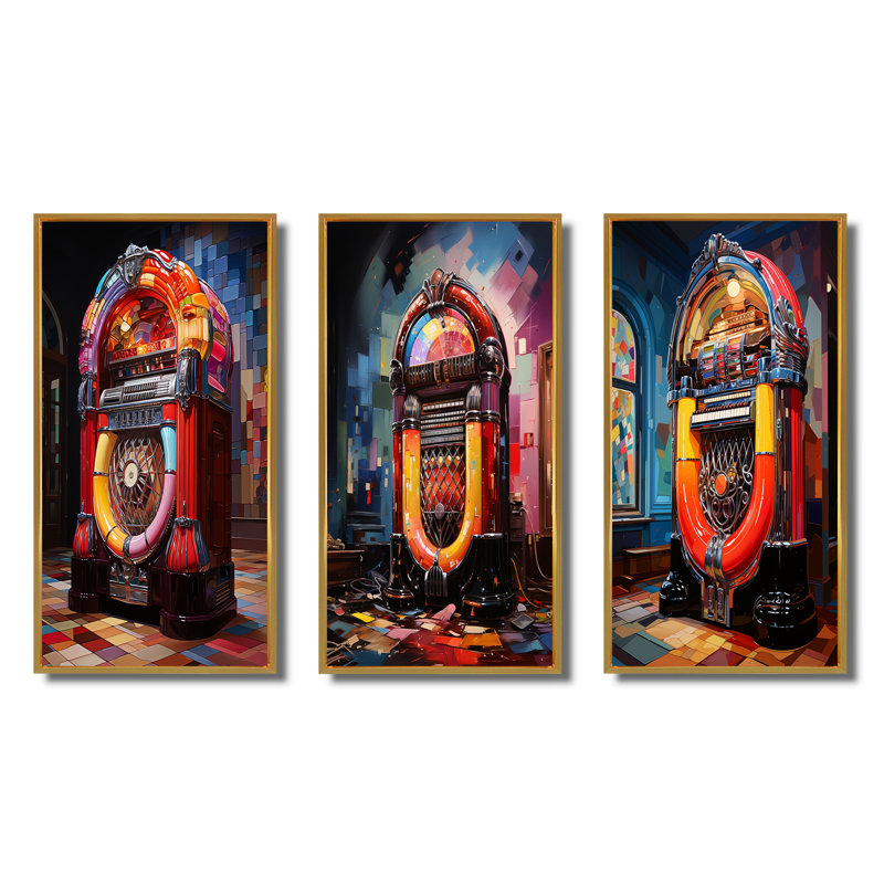 «Jukeboxes Nostalgic Melody», 3 pièces sur toile, Encadrement doré, H 40 po x l 60 po