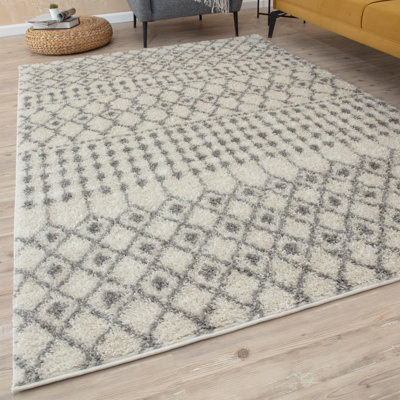 Moroccan Shaggy Collection Rugs Tangier Design in Ivory/Grey