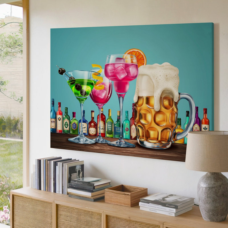 Toile, une éclatante illustration éclate avec un éventail de cocktails et d'art mural sur un fond doux céruléen mettant en valeur une toile