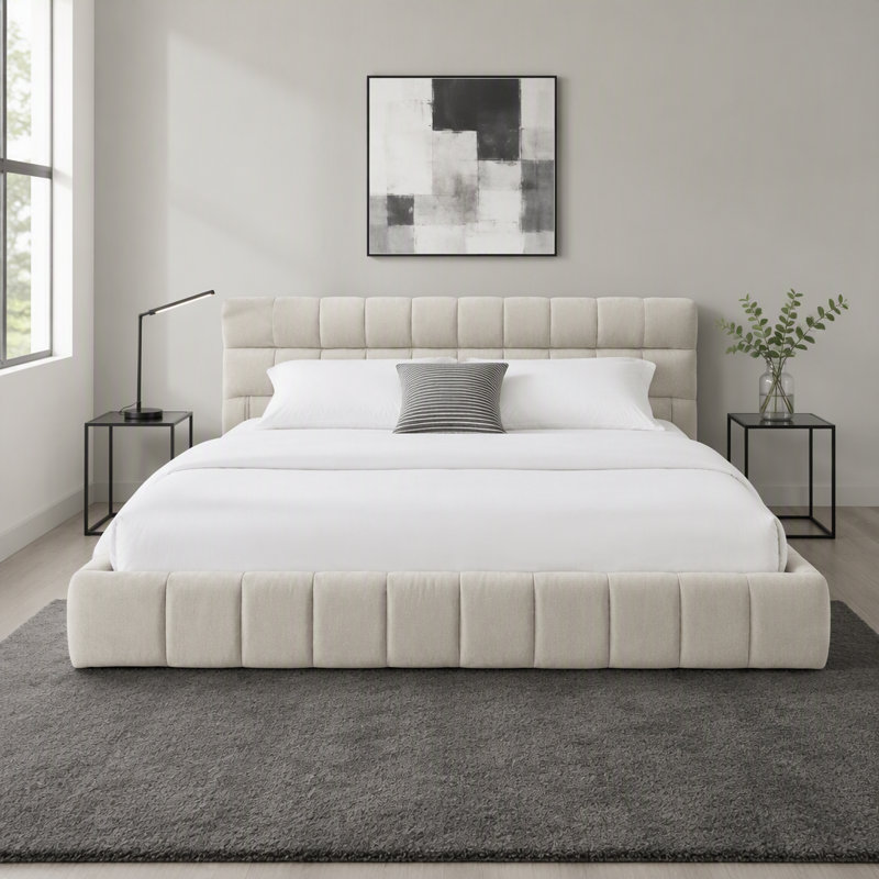 Cadre de lit rembourré en tissu chenille épais, lit plateforme avec tête de lit et cadre solide, aucun sommier requis pour une installation facile