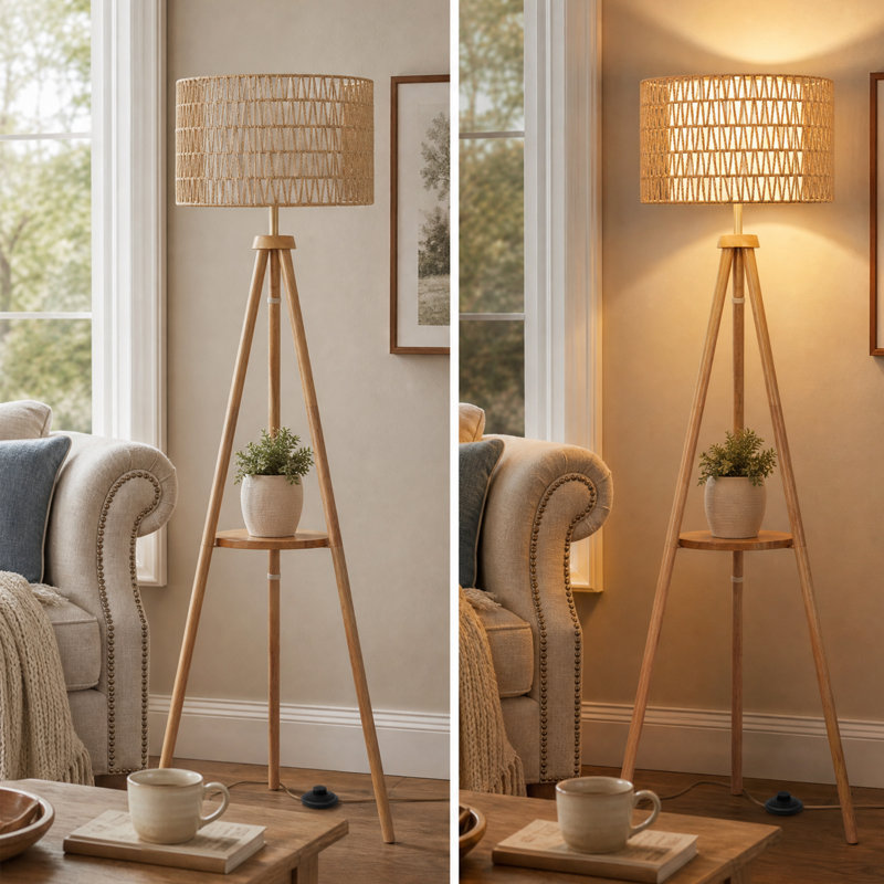 Lampe trépied à intensité variable 63 po avec télécommande Jodanna, ampoule DEL incluse, Bois