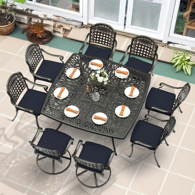 9-Piece Outdoor Patio Dining Set For 8, All Weather Cast Aluminum Patio Funiture Table And Chairs Set- Large 64" Square Table And 2 Swivel Rocker Chairs, 6 Stationary Chairs For Garden