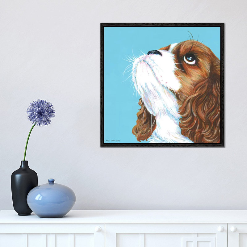 King Charles Cavalier On Aqua, Square by Kirstin Wood - Painting on Canvas, 45.72 cm H x 45.72 cm W, Black Framed