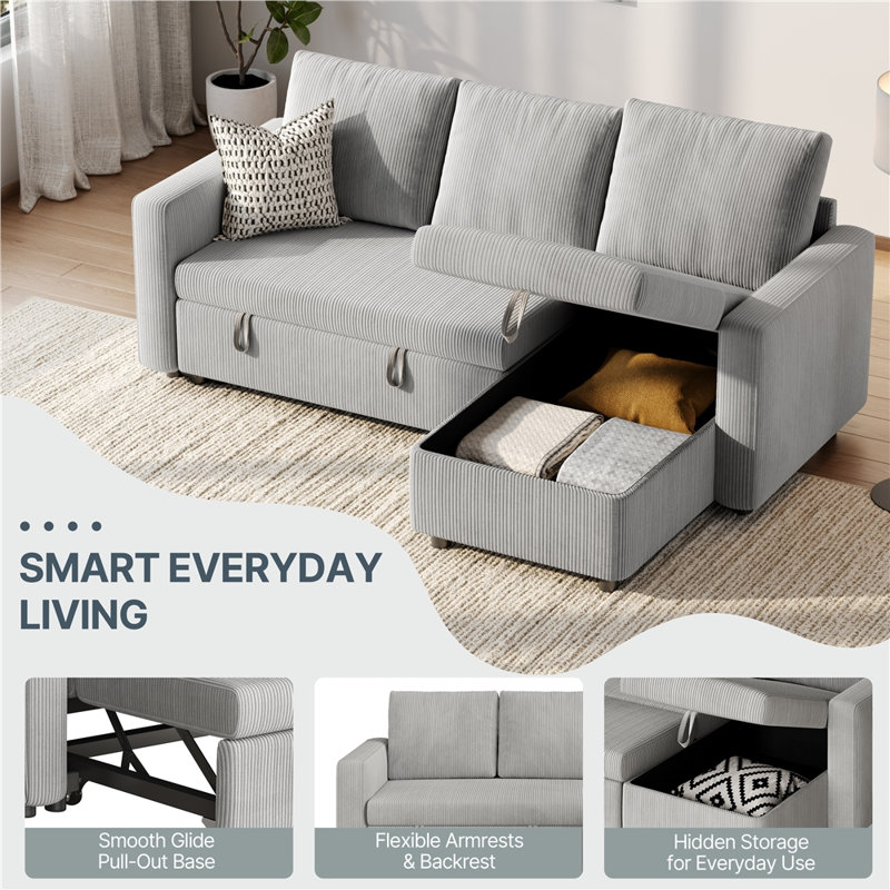 Moda Form 3-Seater L-Shaped Sofa Bed, Convertible Corner Sofa with Reversible Chaise & Pull Out Trundle Bed  for Small Living Rooms, Apartments