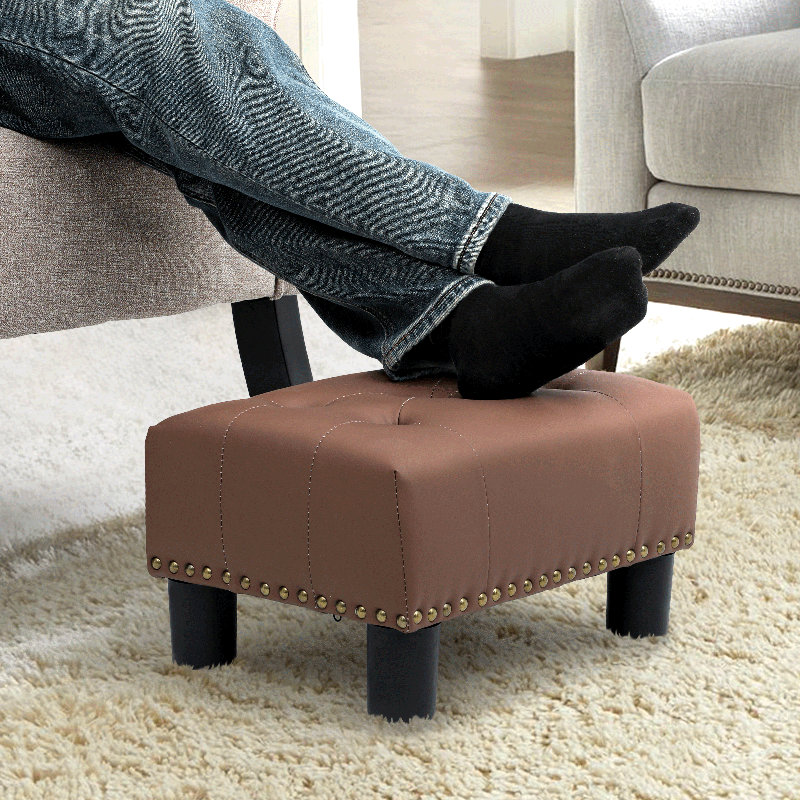 Banc avec repose-pieds Engelsman, repose-pieds capitonné en cuir PU pour le salon, Similicuir brun