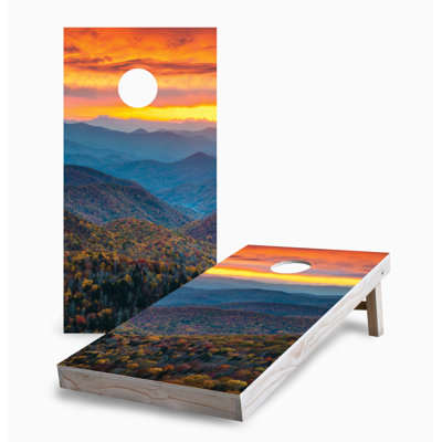 Ensemble de jeu de cornhole 2 x 4 Sunset Autumn Mountains | Comprend (2) planches (8) sacs et accessoires optionnels