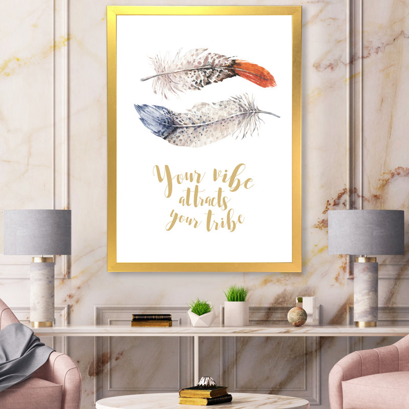 «Two Feathers Your Vibe attire votre tribu», reproduction sur toile, H 32 po x l 24 po x 1,5 po, Toile encadrée dorée