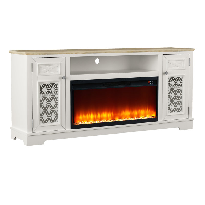 Meuble télé avec foyer, Blanc / Naturel