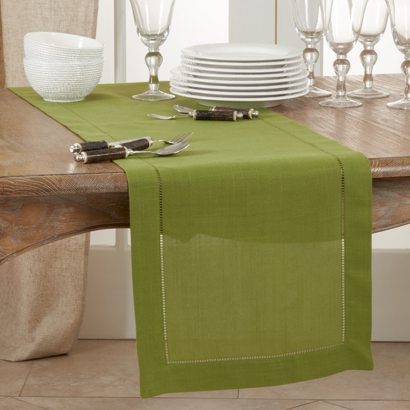 Chemin de table Classic Hemstitch - Chemin de table élégant avec tissu texturé et bordure ajourée, 16 po x 45 po