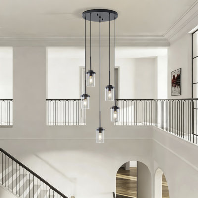 Luminaire suspendu industriel moderne à 5 lumières en forme de grappe, cylindre suspendu en verre transparent en métal noir pour îlot de cuisine