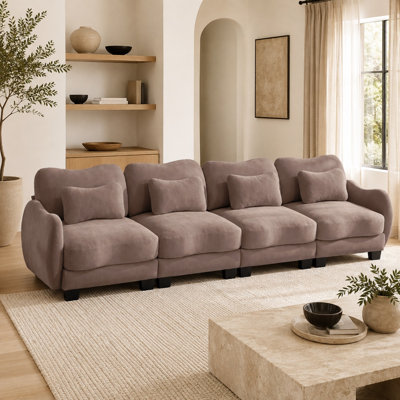 Canapé d'angle incurvé surdimensionné à quatre places en chenille avec coussins lombaires, couleur rose poudré