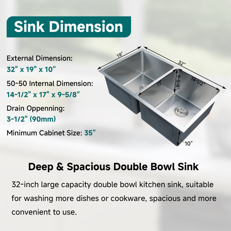 KDK HOME 32" Undermount Kitchen Sink 50/50 Double Bowl Stainless Steel Sink, Black