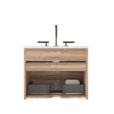 Meuble-lavabo mural en chêne brut de 24 po avec lavabo intégré en céramique, 3 trous, trop-plein, grand rangement, design moderne, ajustement multi-espaces, glissières de tiroir de catégorie E1, compatibilité avec fermeture silencieuse silencieuse,