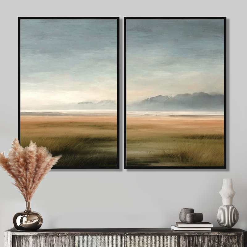 «Green and Gray Coastal Rain Af après-midi», art sur toile côtier, art mural vert côtier 2 pièces, H 36 po x l 48 po, Noir