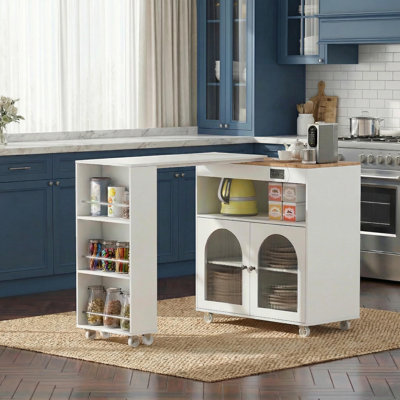 Îlot de cuisine sur roulettes avec table extensible, lumières DEL, prises de courant, 2 portes en verre cannelé, compartiment de rangement, 3 tablettes ouvertes, blanc
