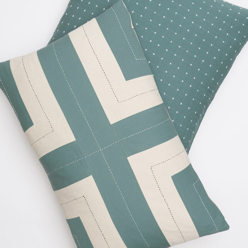 Interlock Lumbar Pillow Cover & Insert, White/Spruce, 16''H x 26''W x 3''D
