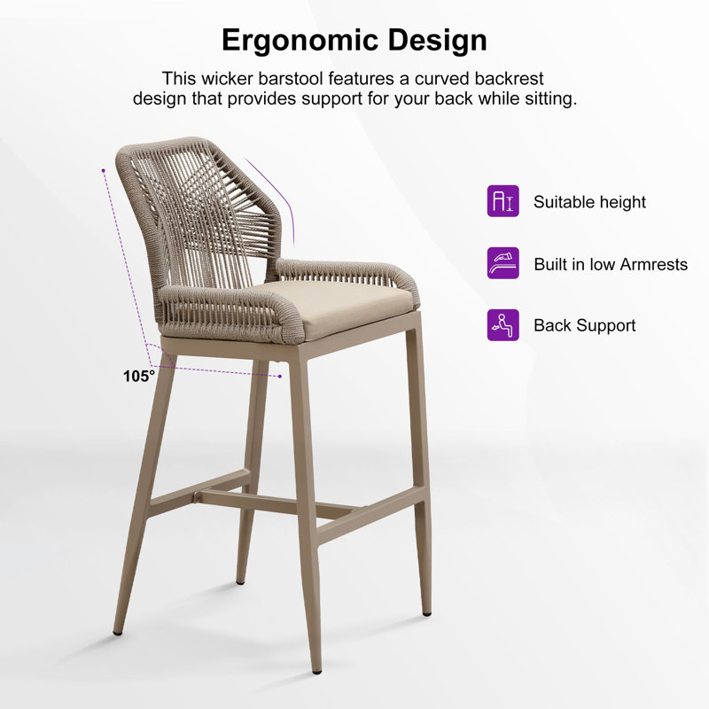 Purple Leaf Patio Upcycled Fabric Bar Stools 28" H Set Of 2 Handwoven Wicker Bar Height Stool Modern Aluminum High Bar Chairs Outdoor Wicker Barstools With Back And Cushion For Kitchen Pool Island