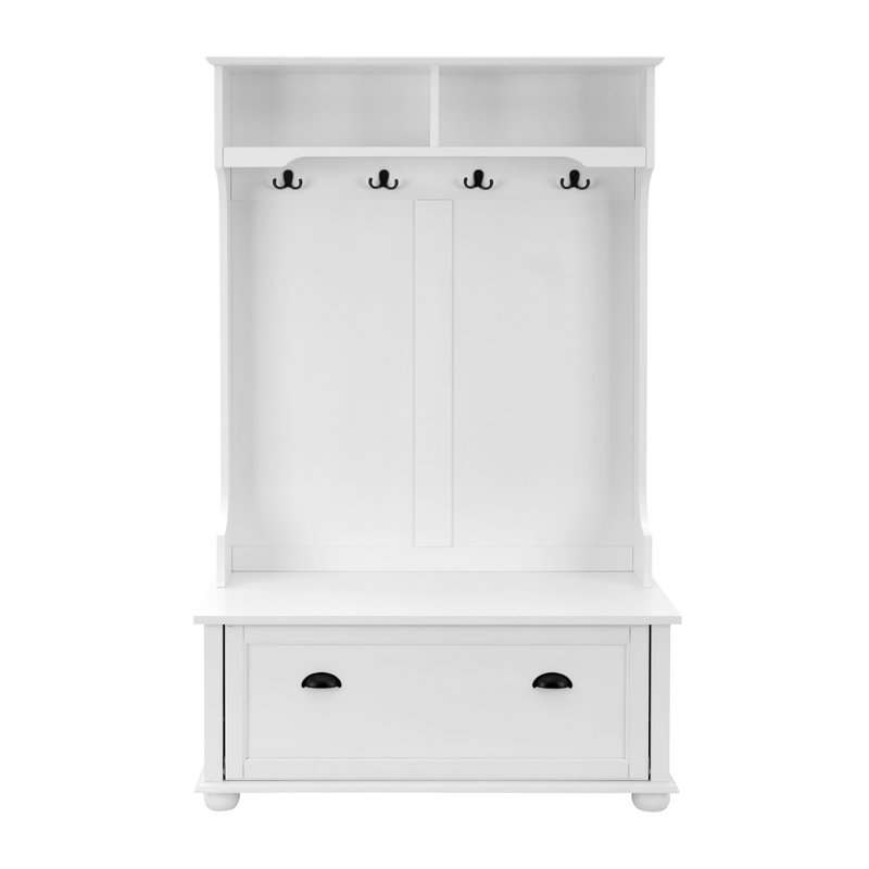 Modern Classic Hall Tree With Shoe Rack Bench And Coat Hooks For Hanging Storage, White