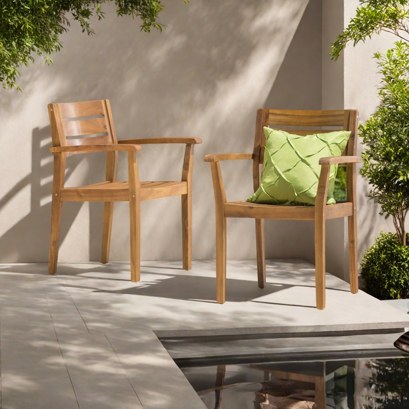 Ensemble de 2 chaises de salle à manger, fauteuil de patio en bois d'acacia, pour cour, bord de piscine, jardin, Teck