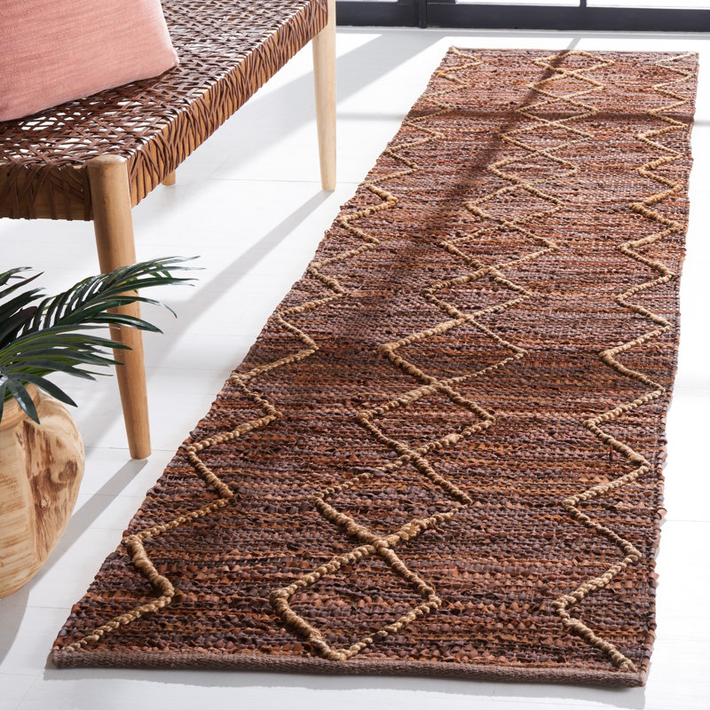 Vintage Leather Hand Woven Leather/Jute/Cotton Geometric Rug in Brown/Natural, Rectangle 2' x 3'