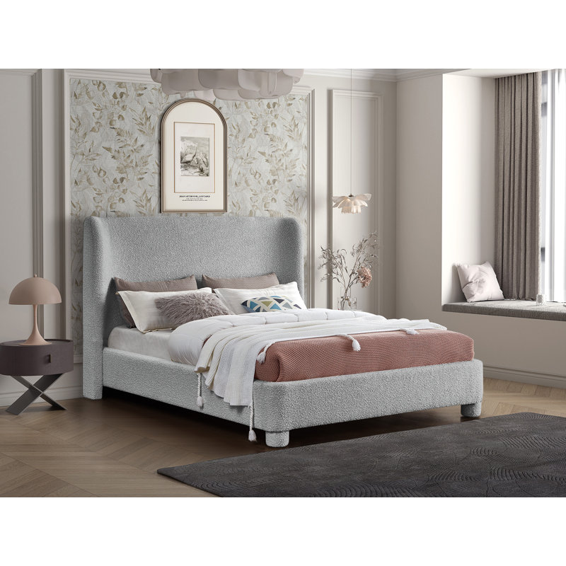 Ivyann Upholstered Unfinished Wingback Bed, Cream Boucle Fabric, King