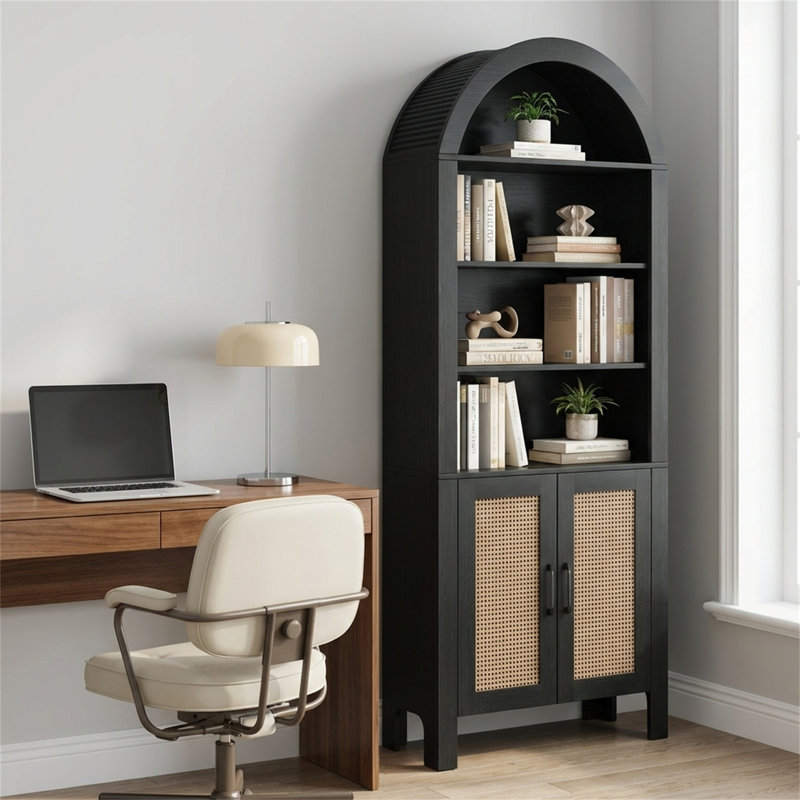 Arched Rattan Bookshelf with Storage Cabinet, Black