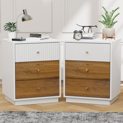 Mid-Century Modern Fluted Nightstand with 3 Drawers