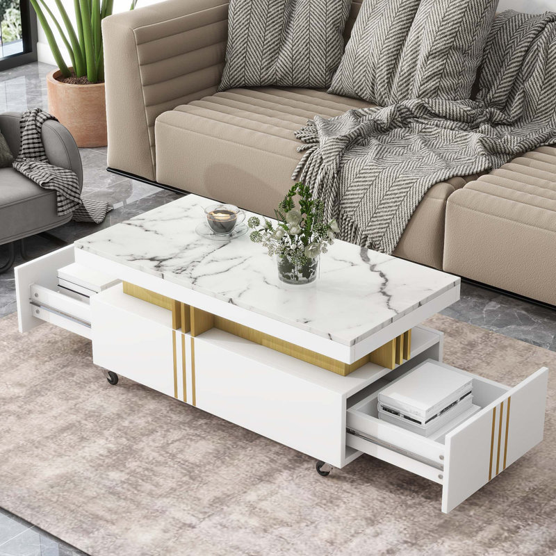 Table basse Azaliyah avec rangement, table basse avec roulettes, table de salon, Blanc
