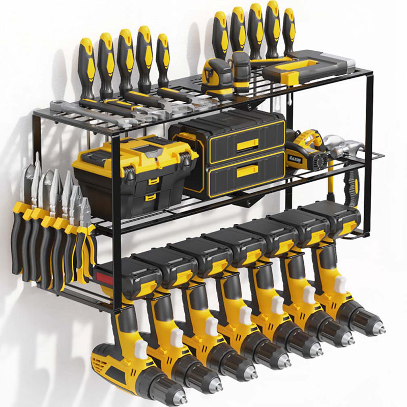 Rangement robuste pour outils électriques en métal avec 7 supports de perceuse, support de rangement de garage pour outils sans fil, tablette d'atelier avec panneau perforé compatible