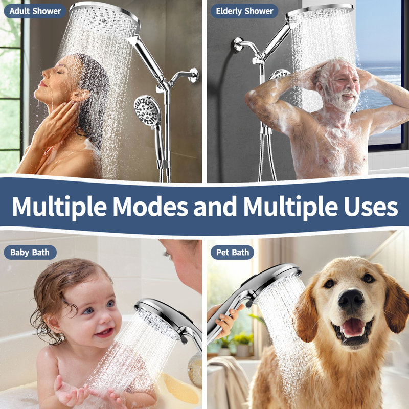 Chrome High Pressure Dual Shower Head Combo With 9-Mode Handheld And 79" Hose, Chrome