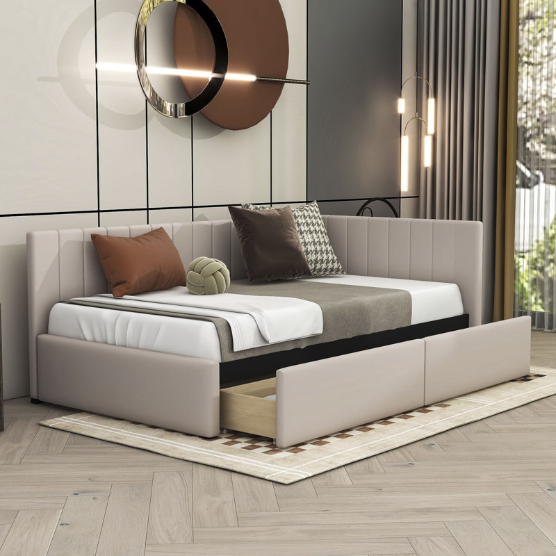 Upholstered Daybed With 2 Storage Drawers, Beige, Twin