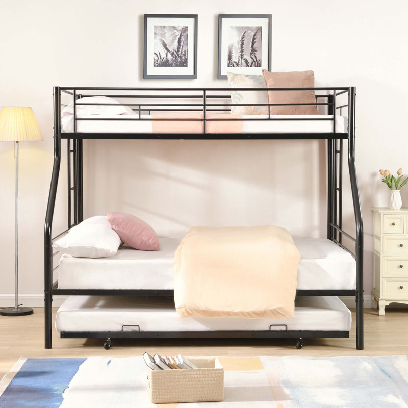 Lit simple superposé au dessus d'un lit double avec lit gigogne en métal, aucun sommier requis, assemblage facile